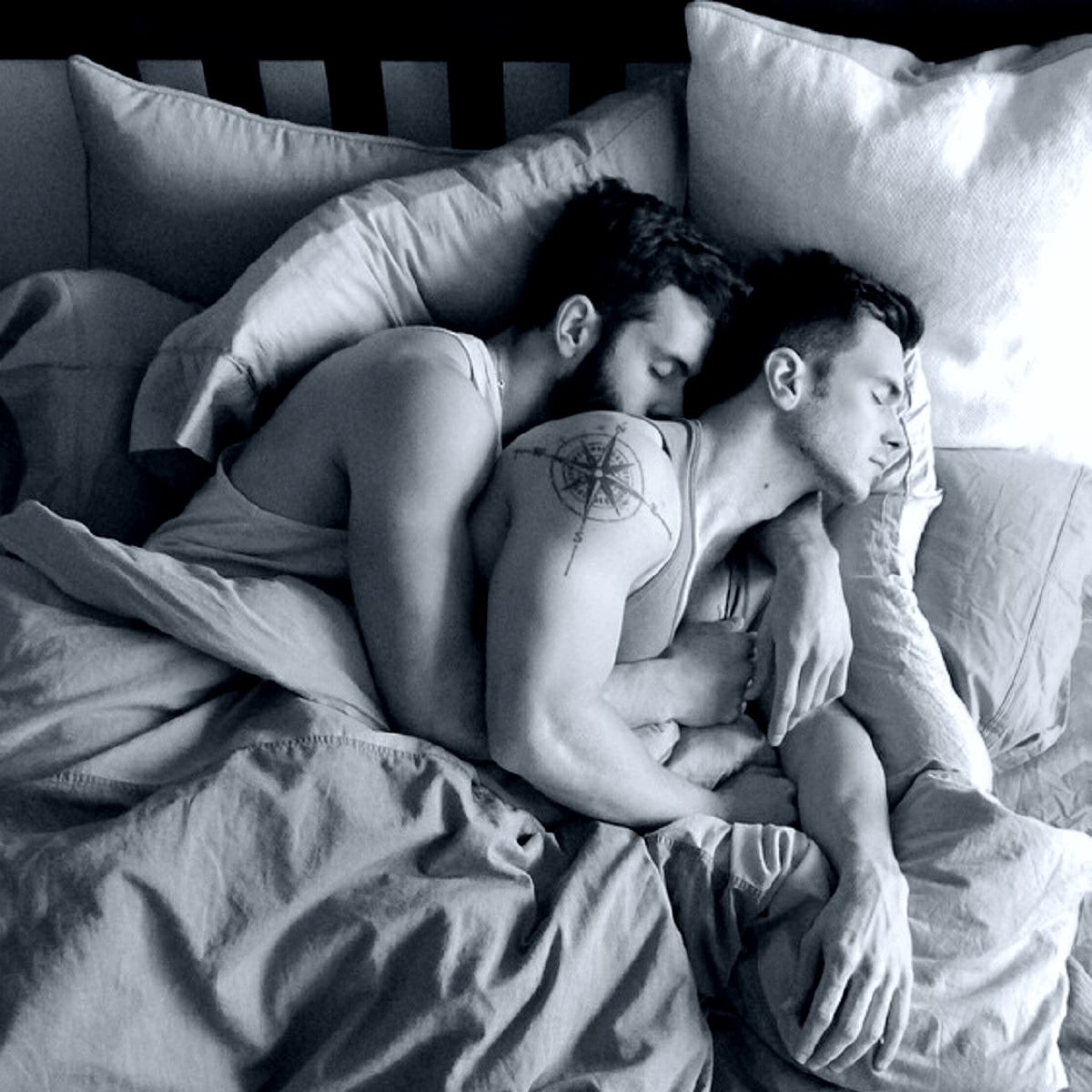 Threesome in bed sleep 2 men gif